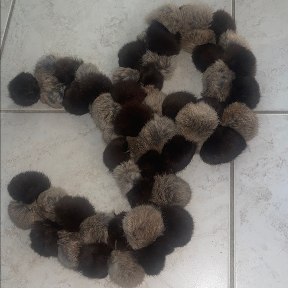 Vintage GENUINE RABBIT FUR POM POM Scarf Wrap Shawl OS  63 inches